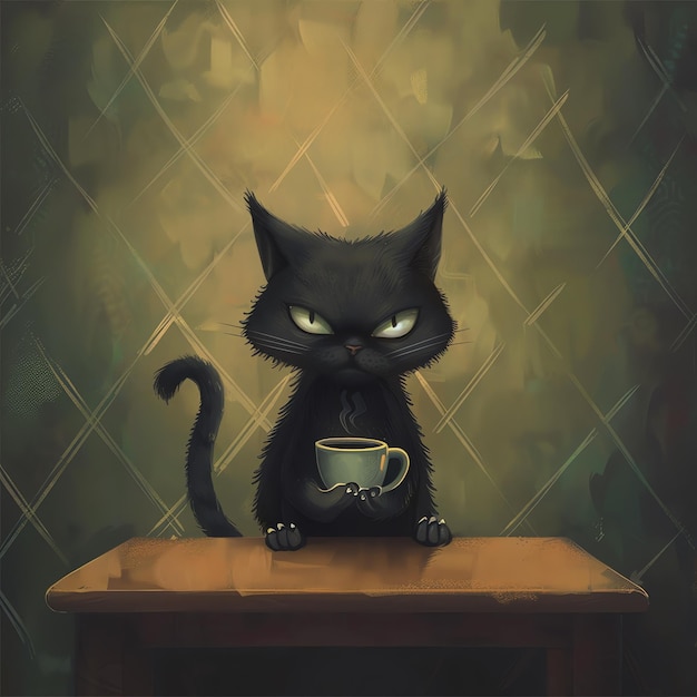 a black cat with a cup of coffee on a table