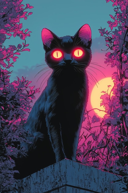 Photo black cat with glowing eyes in a purple twilight landscape