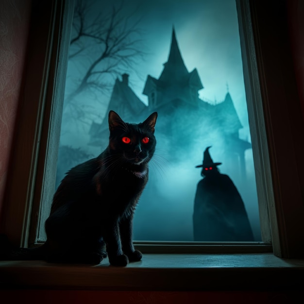 Photo a black cat with glowing eyes sits on a window sill