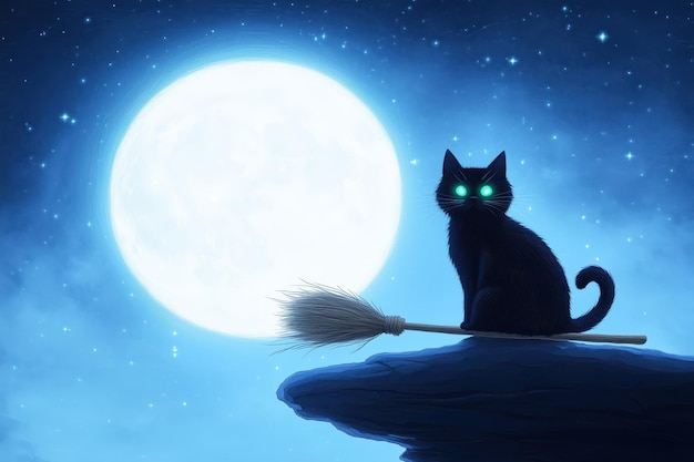 Photo black cat with glowing eyes sitting on a broomstick under a bright full moon