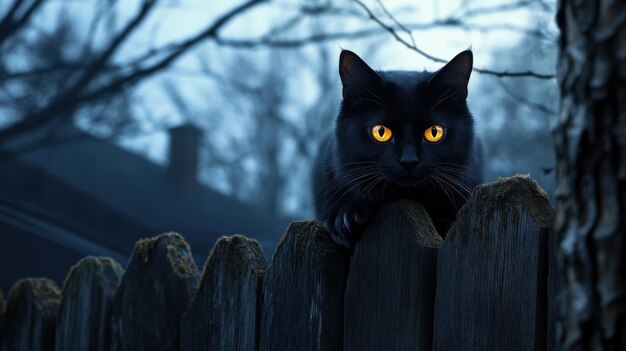 Black cat with glowing eyes sitting on a fence