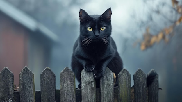 Black cat with glowing eyes sitting on a fence