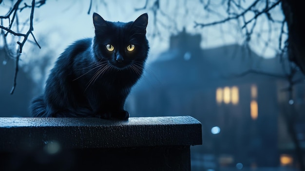 Black cat with glowing eyes sitting on a fence