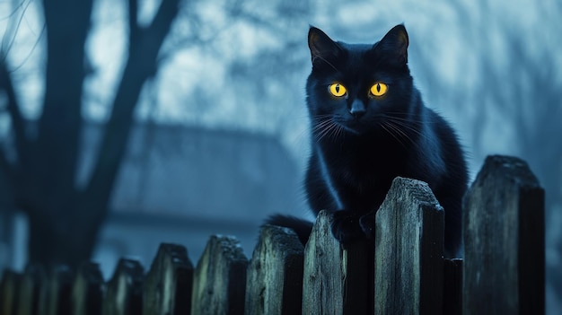 Black cat with glowing eyes sitting on a fence