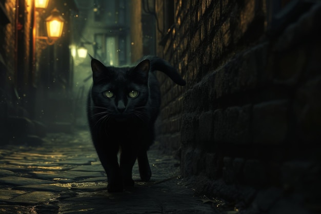 Black cat with glowing eyes slinking through an alleyway lined with cobblestones and illuminated onl