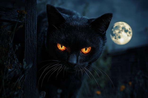 Photo black cat with glowing eyes stalks through a moonlit night