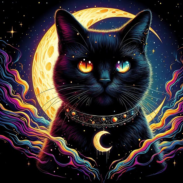 Photo a black cat with a gold chain around its neck is shown with a moon in the background