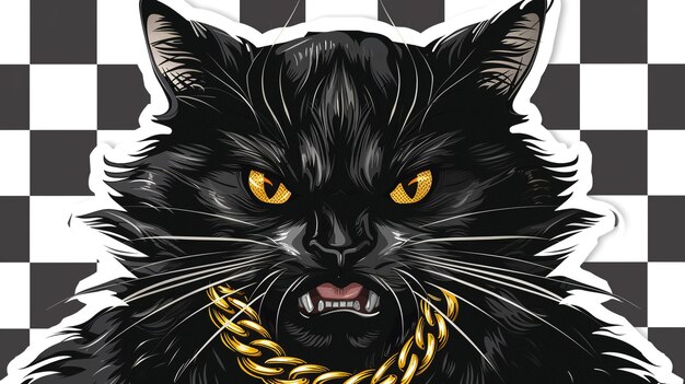 a black cat with a gold chain around its neck