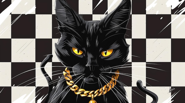 a black cat with a gold chain around its neck