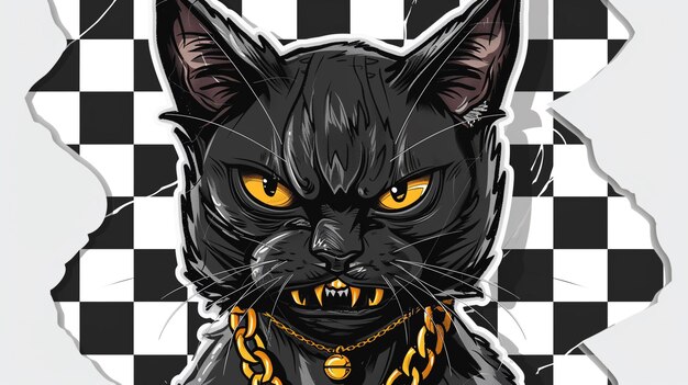 a black cat with a gold chain around its neck