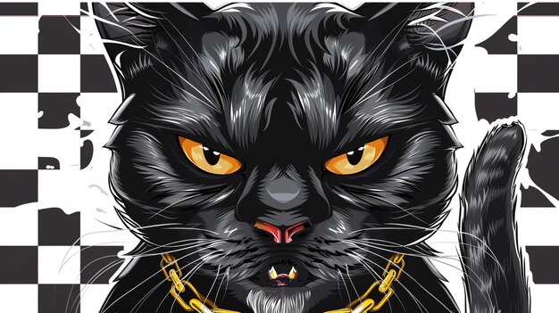 a black cat with a gold chain on its neck is shown