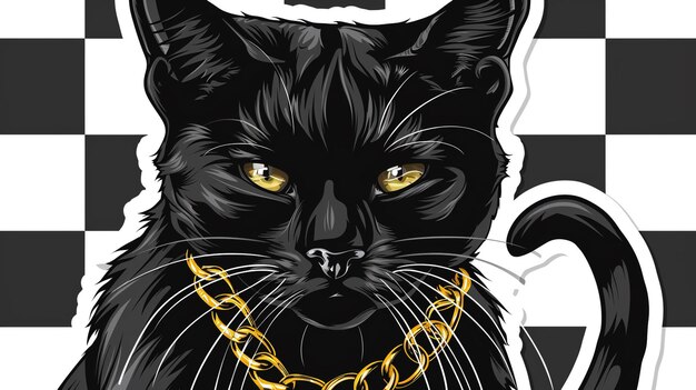 a black cat with gold eyes and a chain