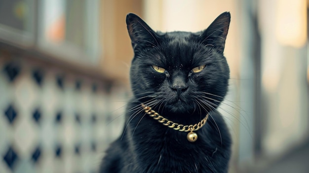 a black cat with gold eyes and a gold chain