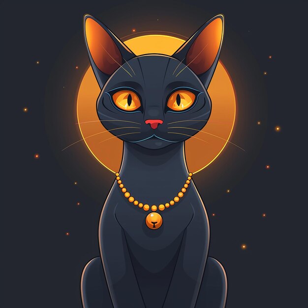 a black cat with a gold necklace sits on a black background with a moon in the background