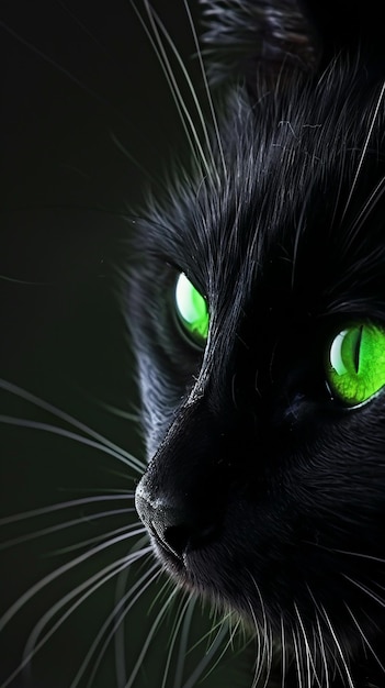 Black cat with green eyes on dark background