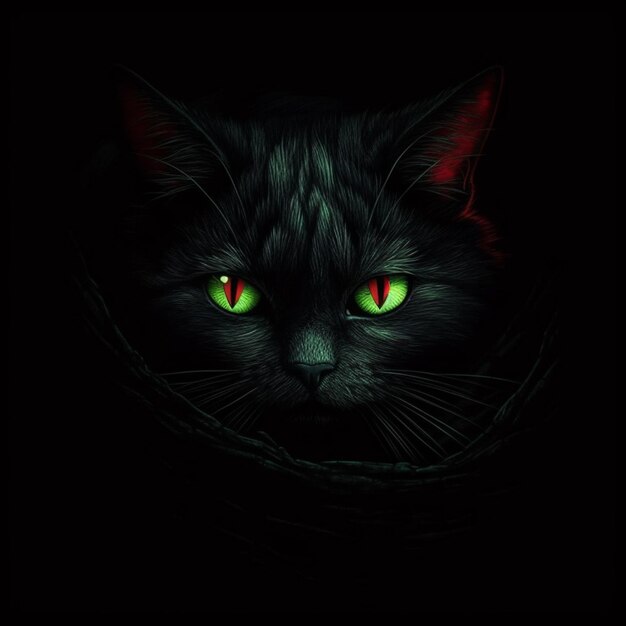 A black cat with green eyes is in a dark room.