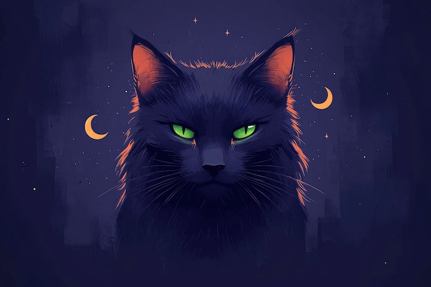 Black Cat with Green Eyes in Moonlight