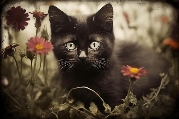 A black cat with green eyes sits in a field of flowers.