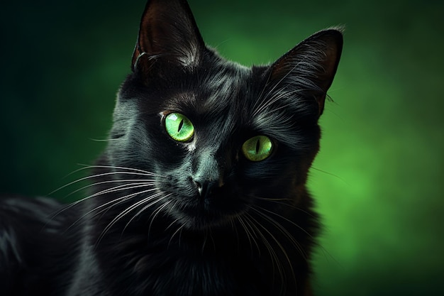 a black cat with green eyes