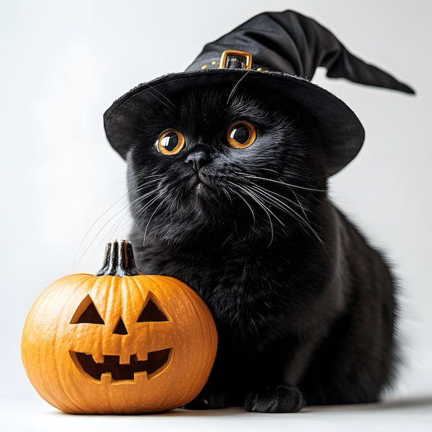 Photo black cat with halloween witch costume hat and carved pumpkin in forest isolated on white