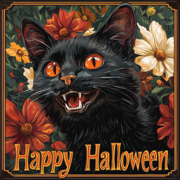 Photo a black cat with a happy halloween on it