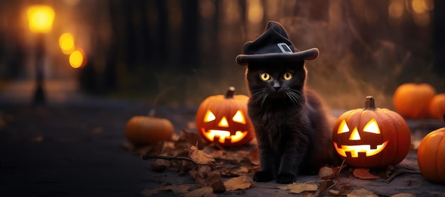 Black cat with hat and halloween pumpkins and old town background Copy Space for text