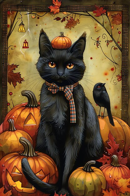 Photo a black cat with a hat on its head sits in front of pumpkins