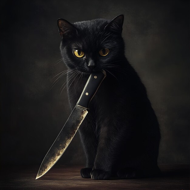 Photo a black cat with a knife that says quot the black cat is sitting on a table quot