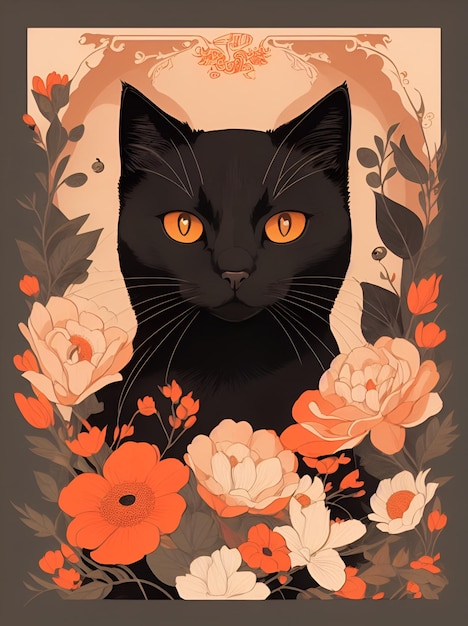 A black cat with orange eyes is surrounded by flowers.