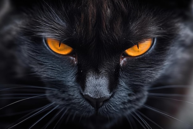 A black cat with orange eyes looks at the camera