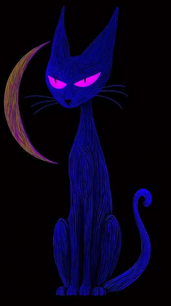 Black Cat with Pink Eyes Under a Crescent Moon