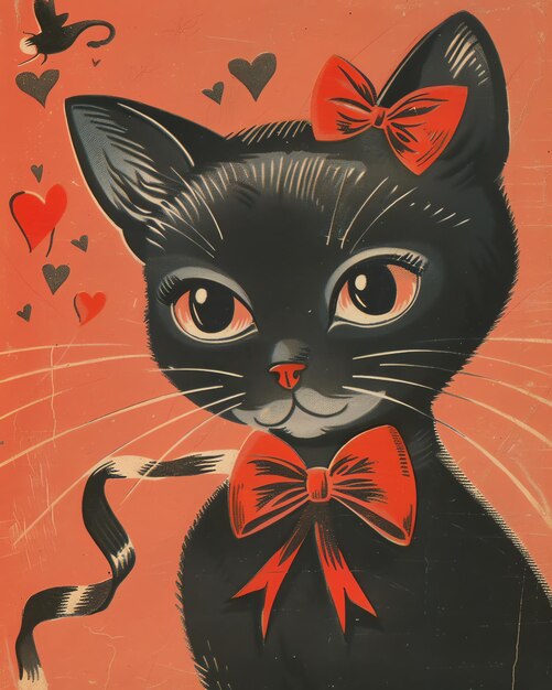 Photo a black cat with a red bow tie with hearts on it