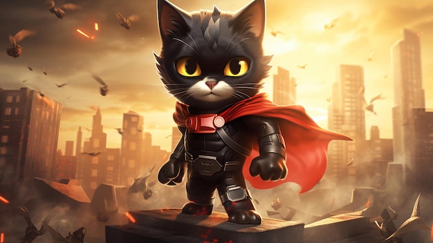 a black cat with a red cape on the front of it