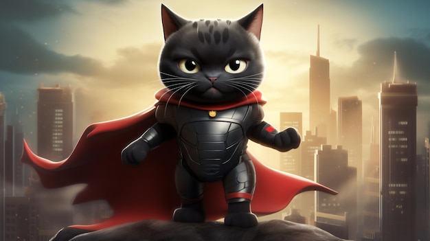 a black cat with a red cape on the front of it