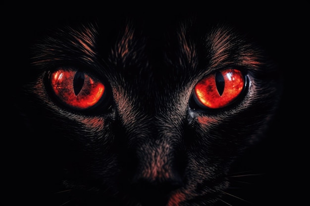 A black cat with red eyes is in the dark