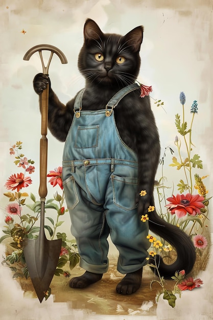 a black cat with a shovel and a shovel