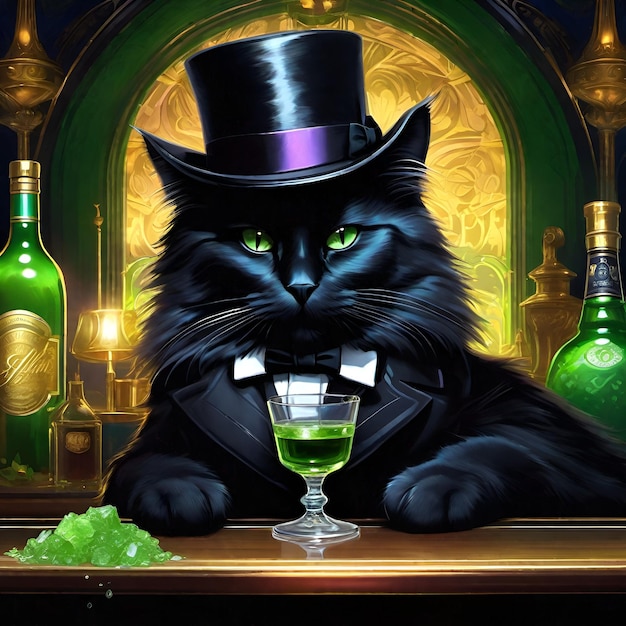 A black cat with a top hat drinking absinthe ai generated