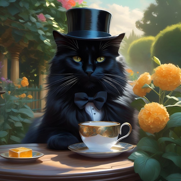 A black cat with a top hat drinking tea in a garden ai generated