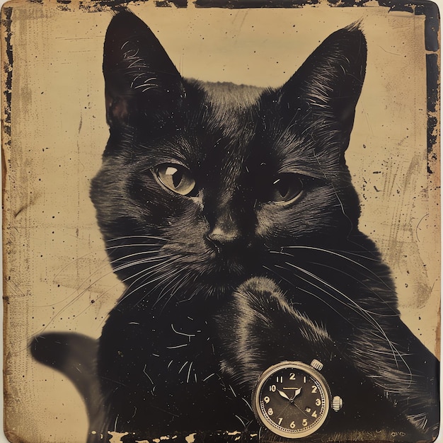 a black cat with a watch on it that sayss time of 5  00