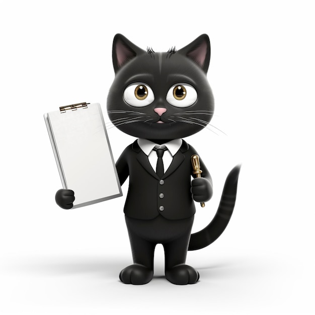 a black cat with a white board and a picture of a man in a suit holding a pen and a pen