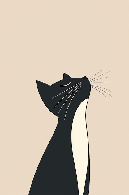 Photo black cat with white chest looking up minimalist illustration