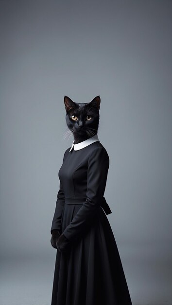 Photo a black cat with a white collar and a white shirt