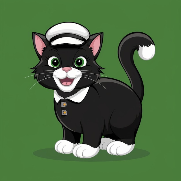 a black cat with a white hat and a green background