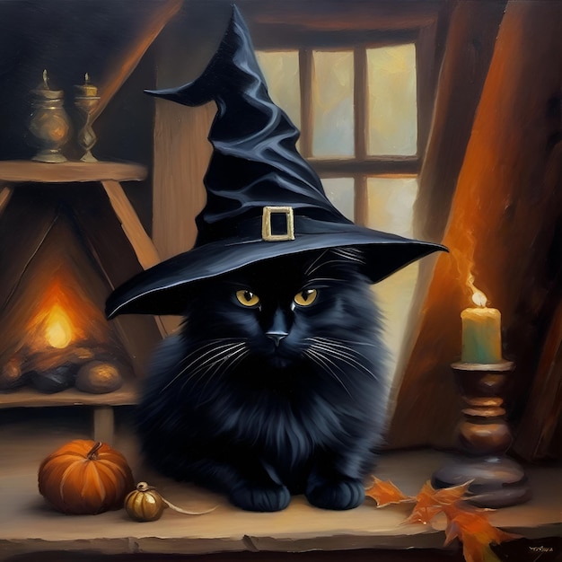 A black cat with a witch hat ai generated