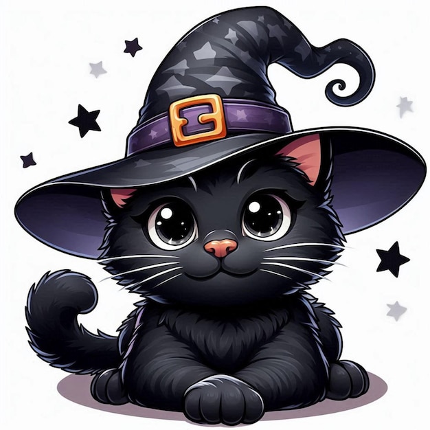 a black cat with a witch hat clipart