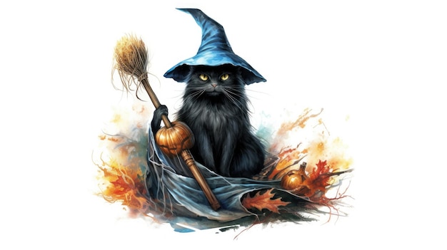 A black cat with a witch hat sits in a pile of leaves.