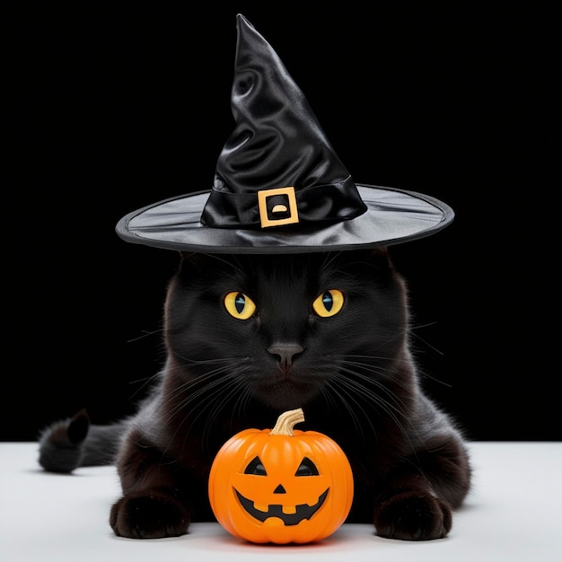 Photo a black cat with a witch hat on sitting next to a pumpkin