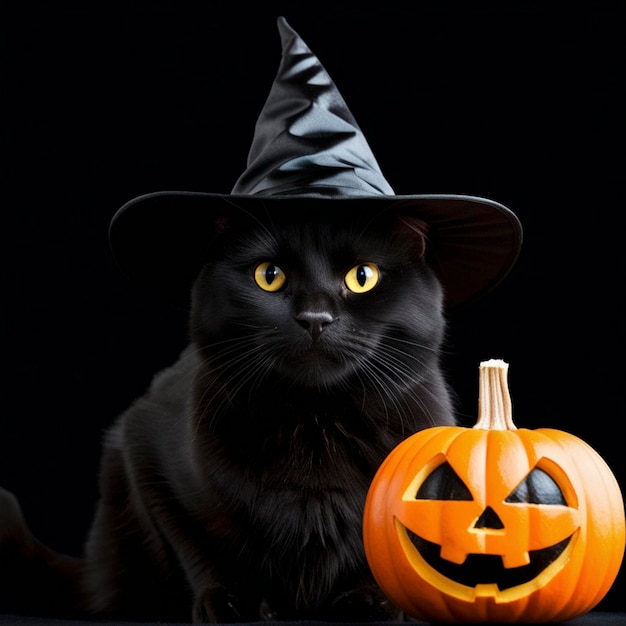 Photo a black cat with a witch hat on sitting next to a pumpkin