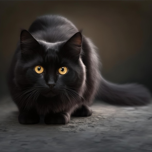 Black cat with yellow eyes on black background created using generative ai technology