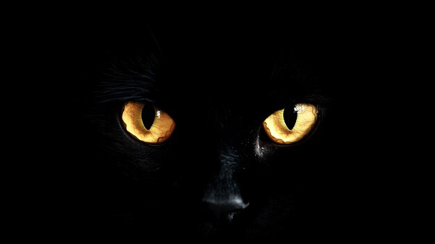 Photo a black cat with yellow eyes and a black background